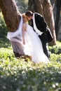 Beautiful young newly wed couple leaning against tree trunk in forest Royalty Free Stock Photo