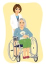 Beautiful young nurse pushing senior woman with cute labrador puppy in wheelchair