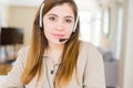 Beautiful young operator woman wearing headset at the office Relaxed with serious expression on face Royalty Free Stock Photo