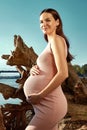 Beautiful young pregnant woman in anticipation of a newborn at 9 month of pregnancy walking in the park tender summer weather Royalty Free Stock Photo
