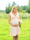 Beautiful young pregnant woman with chamomiles flowers in sunny summer Royalty Free Stock Photo