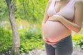 Beautiful young pregnant woman doing yoga exercising in park outdoor. Sitting and relaxing on pink yoga mat. Active future mother Royalty Free Stock Photo