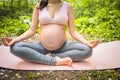 Beautiful young pregnant woman doing yoga exercising in park outdoor. Sitting and relaxing on pink yoga mat. Active future mother Royalty Free Stock Photo