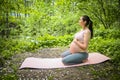 Beautiful young pregnant woman doing yoga exercising in park outdoor. Sitting and relaxing on pink yoga mat. Active future mother Royalty Free Stock Photo