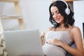 Beautiful young pregnant woman with laptop sitting on sofa at home Royalty Free Stock Photo