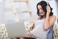 Beautiful young pregnant woman with laptop sitting on sofa at home Royalty Free Stock Photo