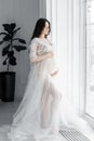 beautiful young pregnant woman in white dress stands near the window Royalty Free Stock Photo