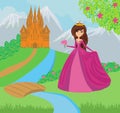 Beautiful young princess in front of her castle Royalty Free Stock Photo