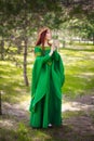 A beautiful, young, red-haired girl in a green medieval dress with long sleeves, with a golden crown, standing on the grass, in a Royalty Free Stock Photo