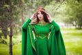 A beautiful, young, red-haired girl in a green medieval dress with long sleeves, with a golden crown, standing on the grass, in a Royalty Free Stock Photo