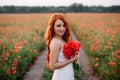 Beautiful young red-haired woman in poppy field holding a bouquet of poppies Royalty Free Stock Photo