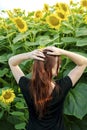 Beautiful young redheaded girl woman standing in sunflowers field enjoying nature on sunset summer time.Back view.Ukrainian Royalty Free Stock Photo