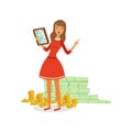Beautiful young rich woman character in red dress counting her money with abacus, financial success colorful flat vector