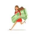 Beautiful young rich woman character in red dress running with giant stack of money, financial success colorful flat