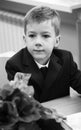 Beautiful young schoolboy sitting at wooden desk in school uniform during lesson