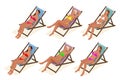 Beautiful young slim woman sunbathe on the beach on a sunbed near the sea, beach, summer vacation, girl Isometric