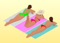 Beautiful young slim woman sunbathe on the beach on a sunbed near the sea, beach, summer vacation, girl Isometric