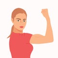 Strong powerful woman shows her arm muscles vector illustration. Women`s power Royalty Free Stock Photo