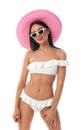 Beautiful young  in stylish bikini with hat on white background Royalty Free Stock Photo