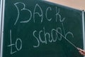 Beautiful young teacher points to the inscription back to school on the blackboard Royalty Free Stock Photo