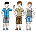 Beautiful young teenager boys group posing in stylish casual clothes.