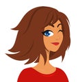 Beautiful young teenager happy girl with brown haircut winking and smiling. Vector illustration