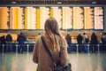 Beautiful young tourist girl with backpack and carry on luggage in international airport, near flight information board