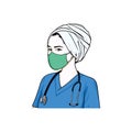 Beautiful Young Turban Female Nurse Wearing Surgery Mask with Stethoscope Illustration, Vector Design