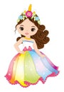 Beautiful Young Unicorn Girl in Long Rainbow Dress