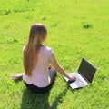 A beautiful young white girl in a pink jacket and black skirt and with long hair sitting on green grass, on the lawn and working Royalty Free Stock Photo