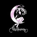 Beautiful young witch woman sitting on the moon, sexy girl pin-up, Halloween costume, vector illustration