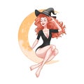 Beautiful young witch woman sitting on the moon, sexy girl pin-up, Halloween costume, vector illustration Royalty Free Stock Photo