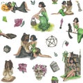 Beautiful young witches, seamless pattern