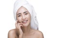 Beautiful Young Woman After Bath Touching Her Face,Skincare,Perfect skin Royalty Free Stock Photo