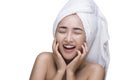 Beautiful Young Woman After Bath Touching Her Face,Skincare,Perfect skin Royalty Free Stock Photo