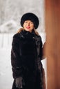 A beautiful young woman in a black fur hat and fur coat, portrait. A cute Russian girl smiles and looks into the frame Royalty Free Stock Photo