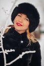 A beautiful young woman in a black fur hat and fur coat, portrait. A cute Russian girl smiles and looks into the frame Royalty Free Stock Photo