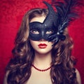 Beautiful young woman in black mysterious Venetian mask Royalty Free Stock Photo