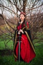 Beautiful, young woman in a black and red medieval dress with a crown on her head with a sword in her hands stands on the backgrou Royalty Free Stock Photo