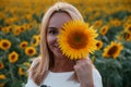 A beautiful young woman with blond hair holds a large sunflower flower in her hands and covers one eye with it. Against Royalty Free Stock Photo