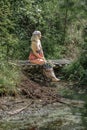 A beautiful young woman with blond hair in a sundress on the shore of a lake with a bouquet of wildflowers. National Russian Royalty Free Stock Photo