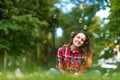 Beautiful young woman blowing bubble outdoor happy lifestyle Royalty Free Stock Photo