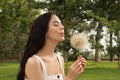Beautiful young woman blowing large dandelion in park. Allergy free concept Royalty Free Stock Photo