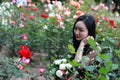 Beautiful young woman with book and bag visiting a rose garden . Royalty Free Stock Photo