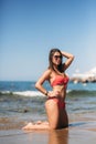 Beautiful young woman with brunette hair in pink swimsuit is posing on the beach near rocks on the background of sea Royalty Free Stock Photo