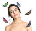 Beautiful young woman and butterflies on background Royalty Free Stock Photo