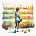 Beautiful young woman character looking at supermarket products