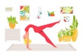 Beautiful young woman character practices yoga home, health care asian oriental physical activity flat vector