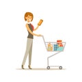 Beautiful young woman character pushing supermarket shopping cart with groceries vector Illustration