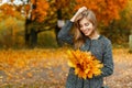 Beautiful young woman with a cheerful mood with autumn yellow